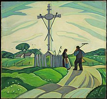 Oil painting by Sarah Robertson, depicting a man and woman in a farm field