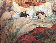 A painting of two short-haired women in a massive bed, covered to their chins in blankets under a red top cover. One woman is looking sleepily at the other.