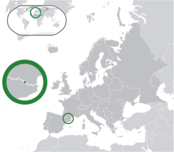 Location of Andorra (centre of green circle) in Europe (dark grey)