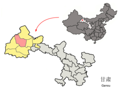Guazhou (pink) within Jiuquan prefecture (yellow) within Gansu (grey)