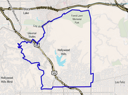 Map of the Hollywood Hills neighborhood of Los Angeles, as delineated by the Los Angeles Times
