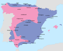 Map of Spain depicting the areas of Nationalist/Franco control along its west and Republican (communist/anarchist) control along its east