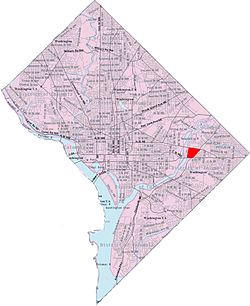 Map of Washington, D.C., with the River Terrace neighborhood highlighted in red
