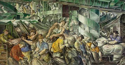 Workers sorting the mail, a mural in the U.S. Customs House in New York by Reginald Marsh (1936)