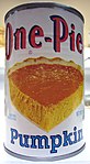 A can of pureed pumpkin, typically used as the main ingredient in the pie filling