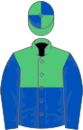 Emerald green and royal blue halved horizontally, blue sleeves, quartered cap