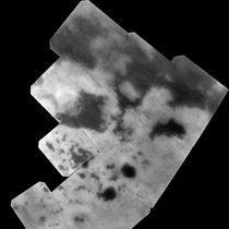 Cassini view of Titan's north polar seas and lakes in the near infrared. Ligeia Mare is at top; Punga Mare is below it and Kraken Mare is to its lower right.