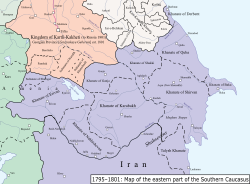 Political map of the eastern part of the Southern Caucasus between 1795–1801. Shamshadil is located in the southern part of the Kingdom of Kartli-Kakheti