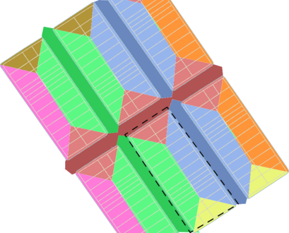Faces of a city block and their extension between city blocks. The same colors (polygons) indicate the same postal codes.