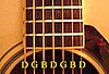 A seven-string guitar with the open-strings annotated with the notes D-G-B-D-G-B-D