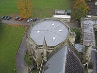 Salisbury Cathedral from the cathedral tower, with cloister at right