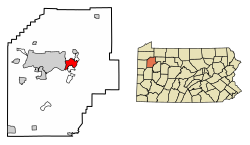 Location of Oil City in Venango County, Pennsylvania (left) and of Venango County in Pennsylvania (right)
