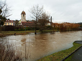 The overflowing Lizaine river in Bethoncourt