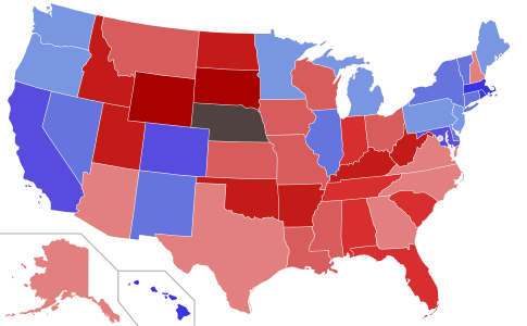 Lower house seats by party holding majority in each state Republican   50–60%   60–70%   70–80%   80–90%   90–100% Democratic   50–60%   60–70%   70–80%   80–90%