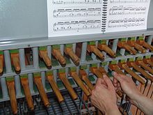 Carillon sheet music resting above a keyboard.