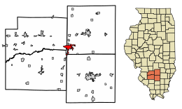 Location of Centralia in (clockwise) Clinton, Marion, Jefferson, and Washington Counties, Illinois.