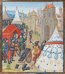 Edward III of England besieges Reims with cannons in the Reims Campaign of the Hundred Years' War. The cathedral is visible in the background.
