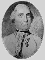 Sepia print of a man wearing a white military uniform with a gold collar and edging and wit the Order of Maria Theresa pinned to his coat.
