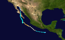 A track map of a hurricane to the south and west of Mexico; the path very gradually curves from the west to the north, overall resembling the shape of a sideways parenthesis, with a knot near the middle where the hurricane made a small loop