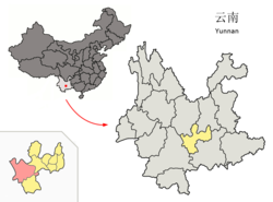 Location of Xinping County (pink) and Yuxi City (yellow) within Yunnan