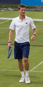 Matthew Ebden of Australia playing doubles with James Ward of Great Britain at the Aegon Surbiton Trophy in Surbiton, London.