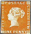One of the first two Mauritius Post Office stamps. This orange stamp was sold for CHF 1,725,000 (approx $1.2 million) in 1993.[14]