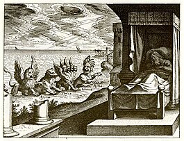 Woodcut image of Daniel, sleeping, while four beasts watch.