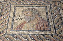 Monnus mosaic from the end of the 3rd century AD. The figure is identified by the name ESIO-DVS (Hesiod).