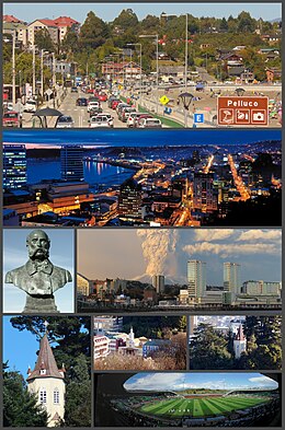 1st row: Pelluco, spa and tourist town in the commune of Puerto Montt. 2nd row: Night panoramic view of downtown Puerto Montt. 3rd row: Monument to Vicente Pérez Rosales, and eruption of the Calbuco volcano from the city. 4th row: On the left, Bell Tower of the Society of Jesus; on the right-top, Church of the Jesuit Fathers; to the right-below, Chinquihue stadium.