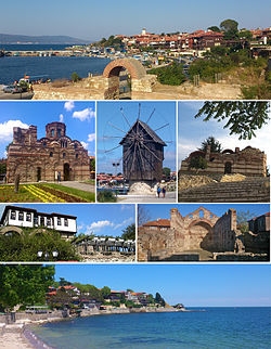 From top left: Northern harbour, Church of Christ Pantokrator, The wooden windmill on the isthmus, Church of St John Aliturgetos, Old house and town walls, Church of St Sophia, Southern bay of the old town