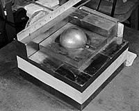 The sphere of plutonium surrounded by neutron-reflecting tungsten carbide blocks in a re-enactment of Daghlian's 1945 experiment[4]