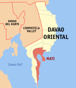 Map of Davao Oriental with Mati highlighted