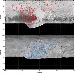 Distribution of numerous impact craters and basins on both Pluto and Charon. The variation in density (with none found in Sputnik Planitia) indicates a long history of varying geological activity. Precisely for this reason, the confidence of numerous craters on Pluto remain uncertain.[117] The lack of craters on the left and right of each map is due to low-resolution coverage of those anti-encounter regions.