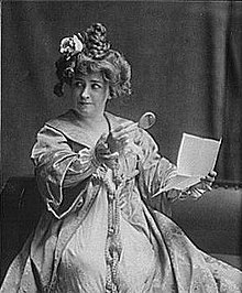 Black and white photograph of Minnie Maddern Fiske as Becky Sharp, c.1910