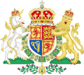 Royal coat of arms of the United Kingdom used in Scotland by the British Government, (Scotland Office), rendered in full colour. The Crown of Scotland surmounts the escutcheon and both supporters.