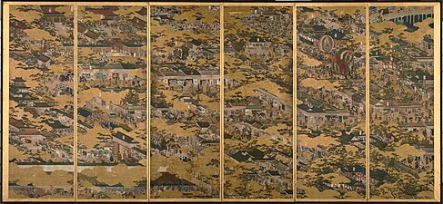 Left panel of the Rakuchu Rakugai Zu Byōbu (Funaki Version). National Treasure.