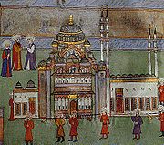 The carrying-in of a model of Süleymaniye Mosque from Surname-i Hümayun, 1582