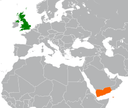 Map indicating locations of United Kingdom and Yemen