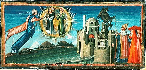 Divine Comedy, Paradiso: Dante and Beatrice meet Folco of Marseille, who denounces corrupt churchmen. (1444–50) British Library