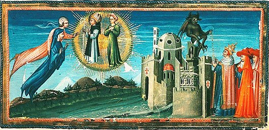 Paradiso: Dante and Beatrice meet Folco of Marseille, who denounces corrupt churchmen. Giovanni di Paolo, 1444–1450