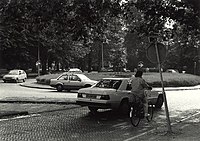 Roundabout, Haarlem, Netherlands, 1990. Cyclists may also be users of a roundabout.