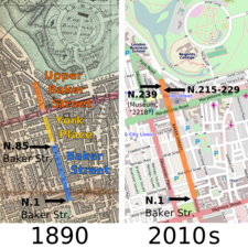 Maps of Baker Street in London in 1890 and today