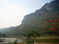 Mountain range and lake in Tambon Bong Ti, Kanchanaburi Province