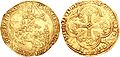 The so-called franc-à-cheval was a gold coin valued one livre tournois minted from 1360. The obverse shows the French king in the style of an equestrian seal. This coin is the origin of the name franc for the French currency.