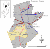 Location of Hillsborough Township in Somerset County highlighted in yellow (right). Inset map: Location of Somerset County in New Jersey highlighted in black (left).