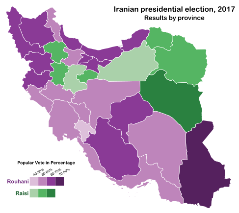 Iranian presidential election, 2017 by province (shaded)