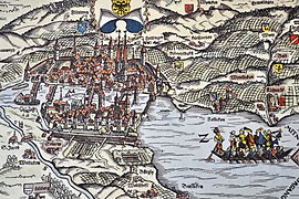 Karte des Zürcher Gebiets 1566 (Auszug): Eine Gesandtschaft auf dem Zürichsee