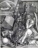 Albrecht Dürer, Melencolia I (1514): Unused tools, an hourglass, an empty scale surrounds a female personification, with other esoteric and exoteric symbols.