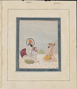 Watercolour painting of a seated Guru Nanak and Bhai Mardana