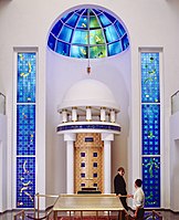 The stained glass windows and dome flanking the Torah ark of the Holocaust Memorial Synagogue, Darmstadt, designed by artist Brian Clarke